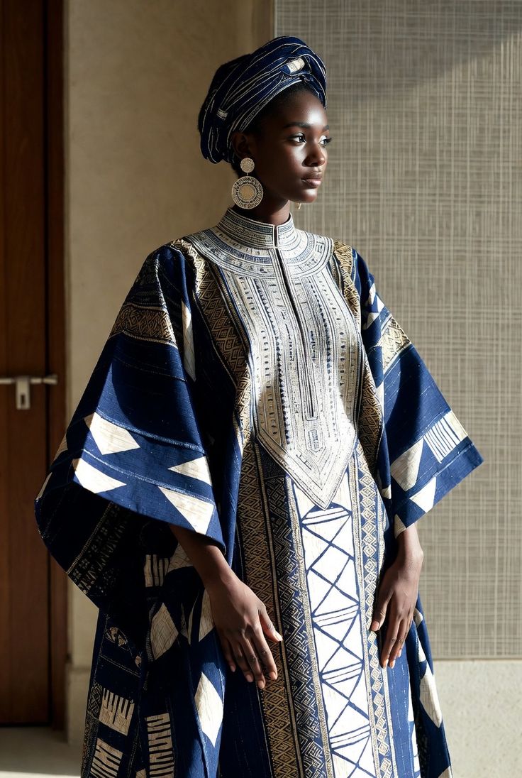 The Adire Reverie — Hand-painted indigo Adire ballgown