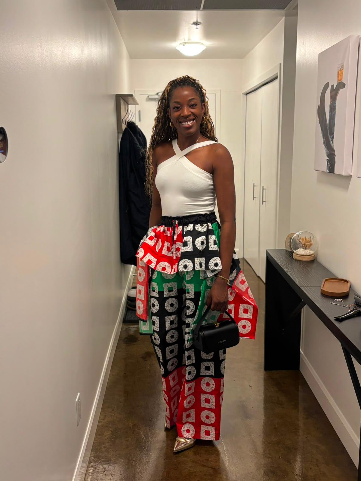 Contemporary Graphic Coordinates — Geometric wide-leg trousers and white halter top