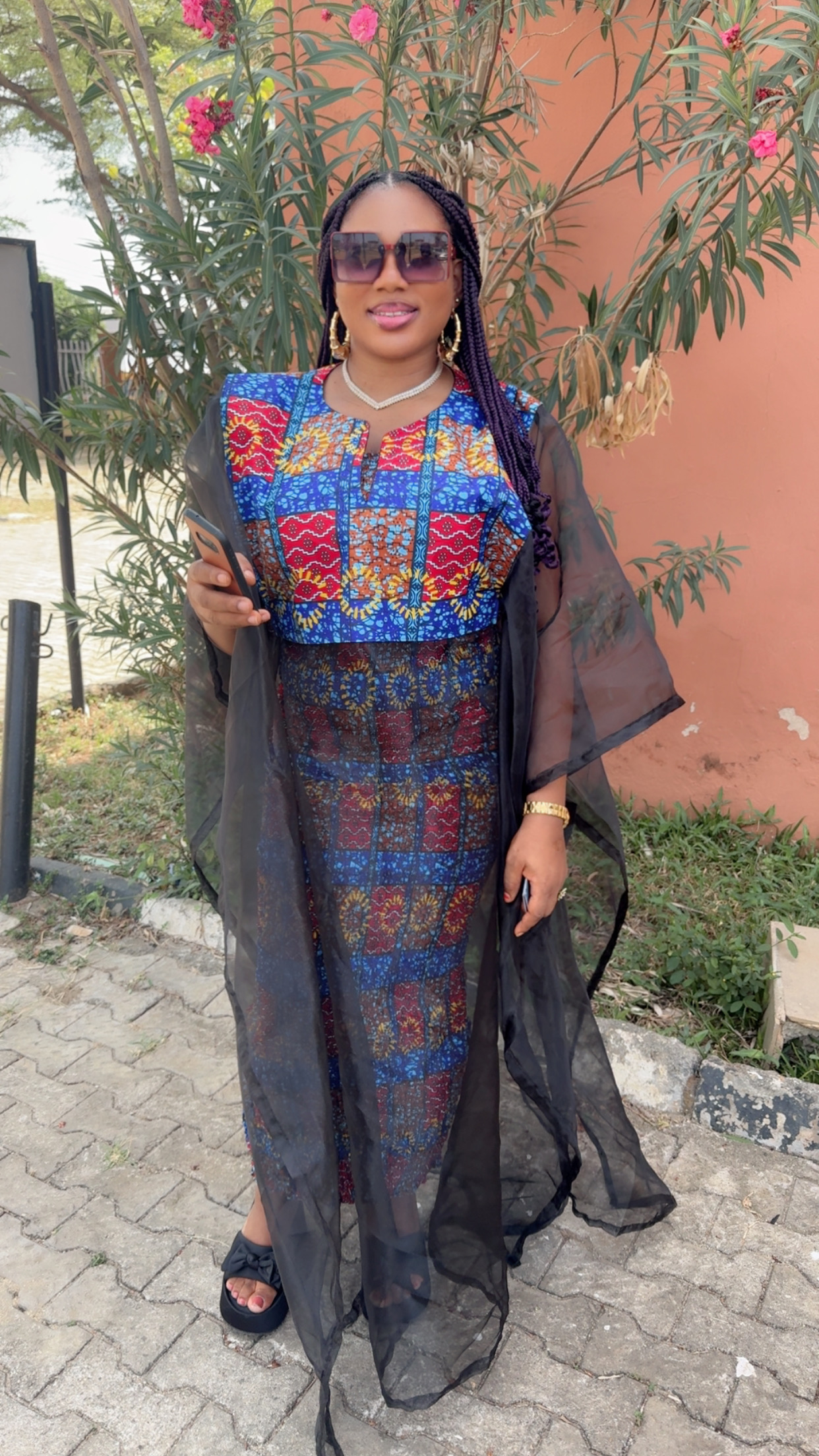 Sheer Ankara Cape — Patchwork Ankara dress with a translucent black overlay